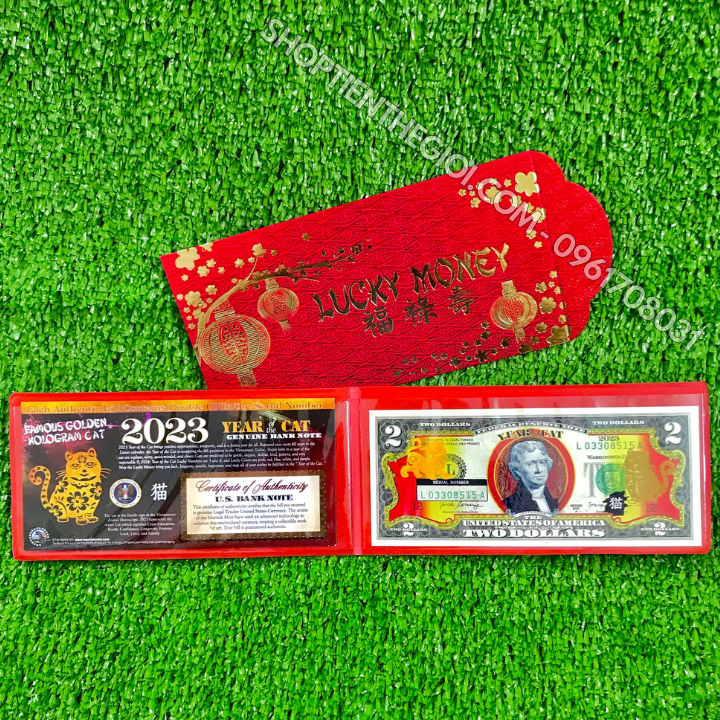 Tiền 2 USD Hình Con Mèo Mạ Vàng 2023 (Mẫu 2 Mèo Đứng)